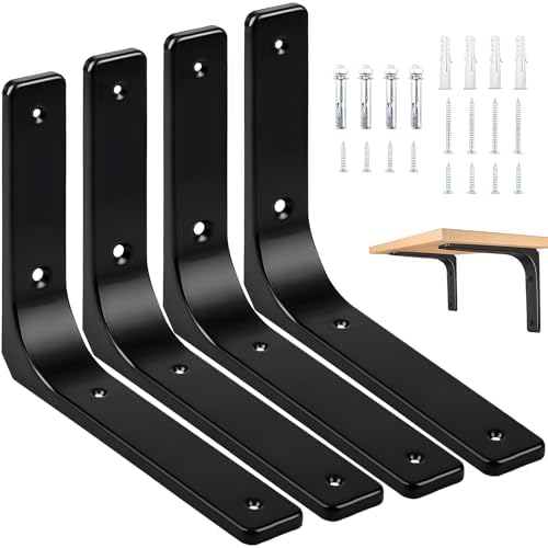 Hyldeknægte og støtter | 12″ X 10″ Metalhylder Brackets, Heavy Duty L-hængende Vinkelbeslag, Jernvægbracket til Bordplade Support, Hjørneforbindelse, Sort, 4 Stk. Hardware Hyldeknægte og støtter