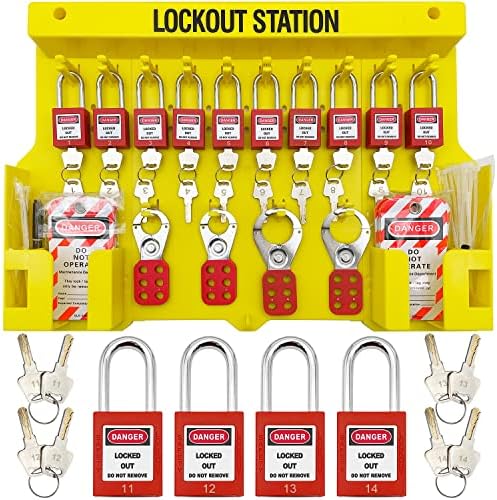 Låse og hængsler | Lockout Tagout Station, Loto Kits, inkluderer 14 forskellige hængelåse med numre, 4 låsehasper, 40 låsemærker, 20 nylonkabler (stor låsestation) gul. Hardware Låse og hængsler