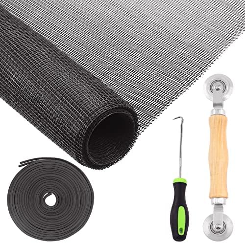 Vinduesbeslag | 4 stk. sort vinduesnet dørreparation udskiftning inkluderer 47″ x 98″ glasfiber vinduesnet mesh spline rulleværktøj skærmholder spline fjerner krog til vinduer fleksibel skærm Hardware Vinduesbeslag